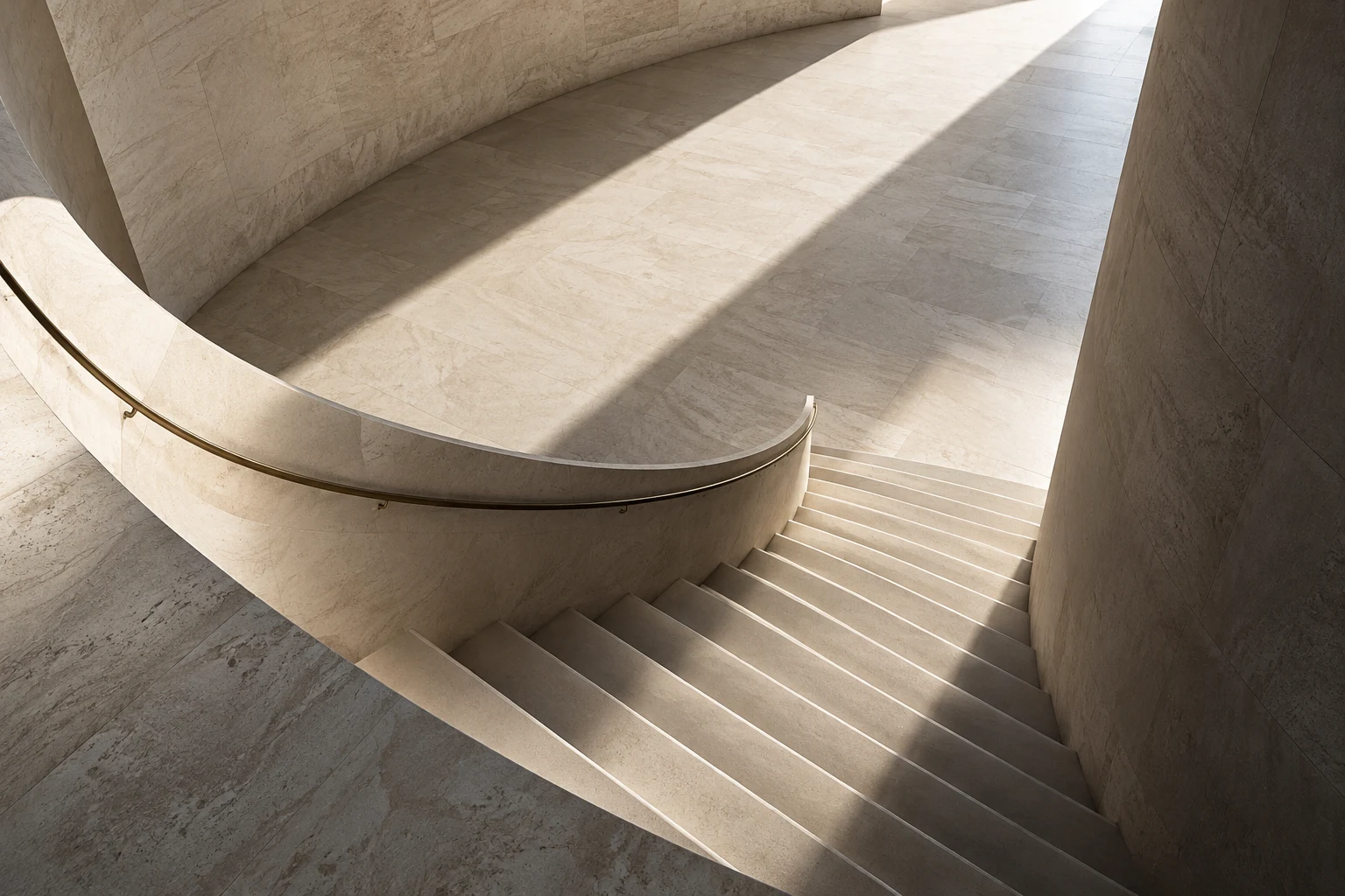 Concept architectural photograph of a curved limestone staircase